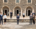Gathered outside Hart House following the announcement of the Temerty Foundation’s historic gift to U. of T. Medicine: Back row (left to right): MD candidate Hira Raheel, Trevor Young, dean of the Temerty Faculty of Medicine and vice-provost of Relations with Health Care Institutions, U. of T. chancellor Rose Patten, David Palmer, U. of T.’s vice-president of Advancement. Front row: (left to right) Mike Lord, Leah Temerty-Lord, U. of T. president Meric Gertler, James Temerty, Louise Temerty | Photo Courtesy Of Ames Louise Temerty