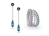 Royal de Versailles — A pair of 18k white gold diamond earrings and a bracelet of oval-cut rubies, emeralds and blue sapphires, both from Royal de Versailles Jewellers